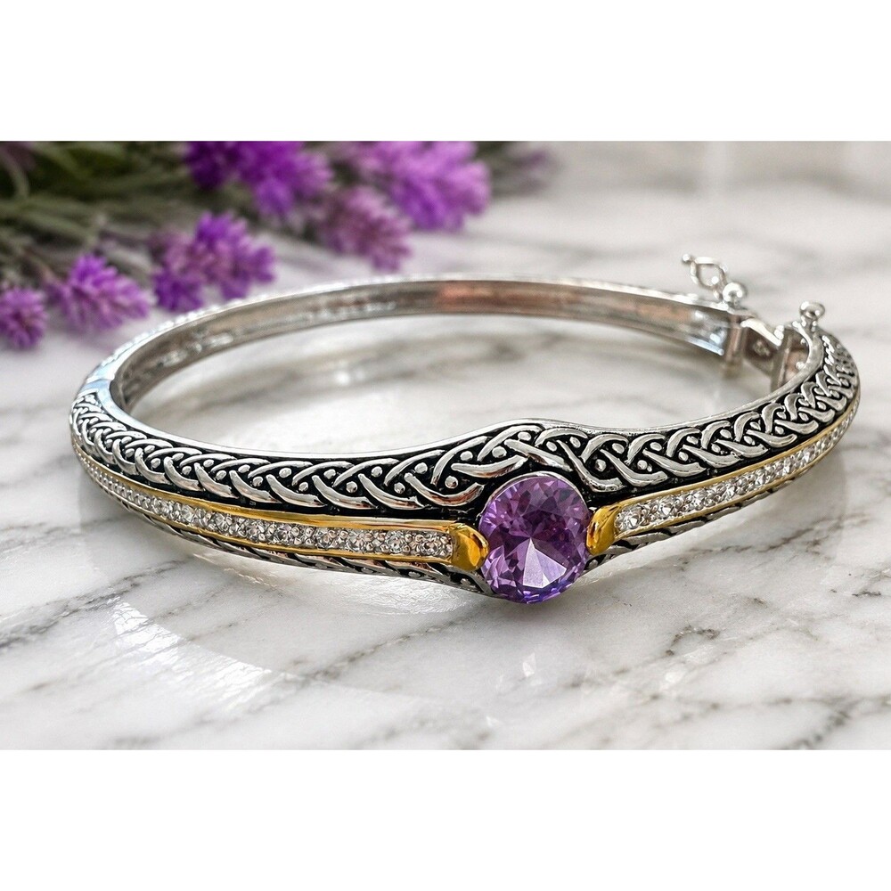 Rhodium PL Celtic Knot Hinged Bangle Bracelet Purple Amethyst-Color Stone